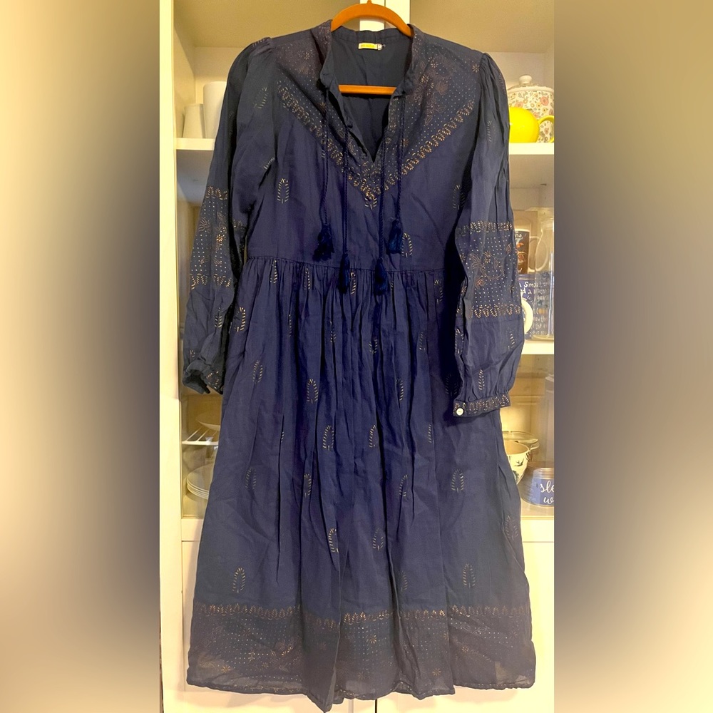 Matta Cotton Dress with Metallic Block Print with open neck and tassels.